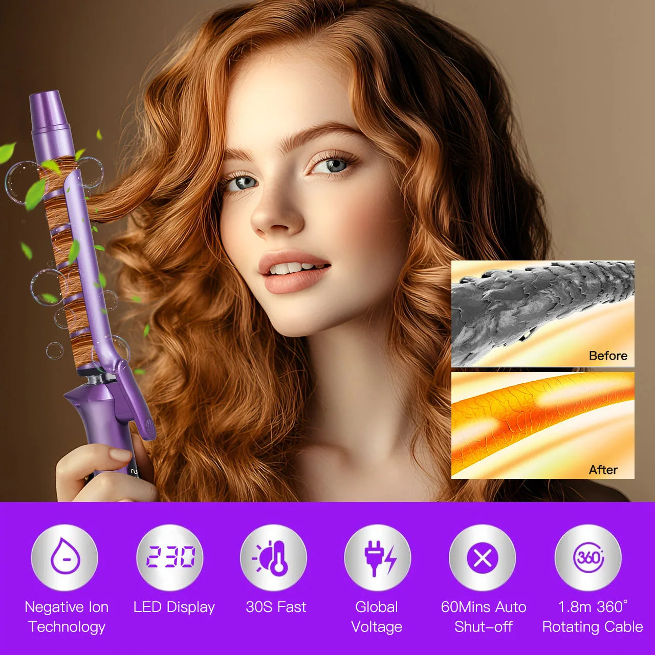 Purple hair curling tong with barrel and LED display