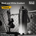 Insulated sports bottle in black and white gradient with lid and carry strap