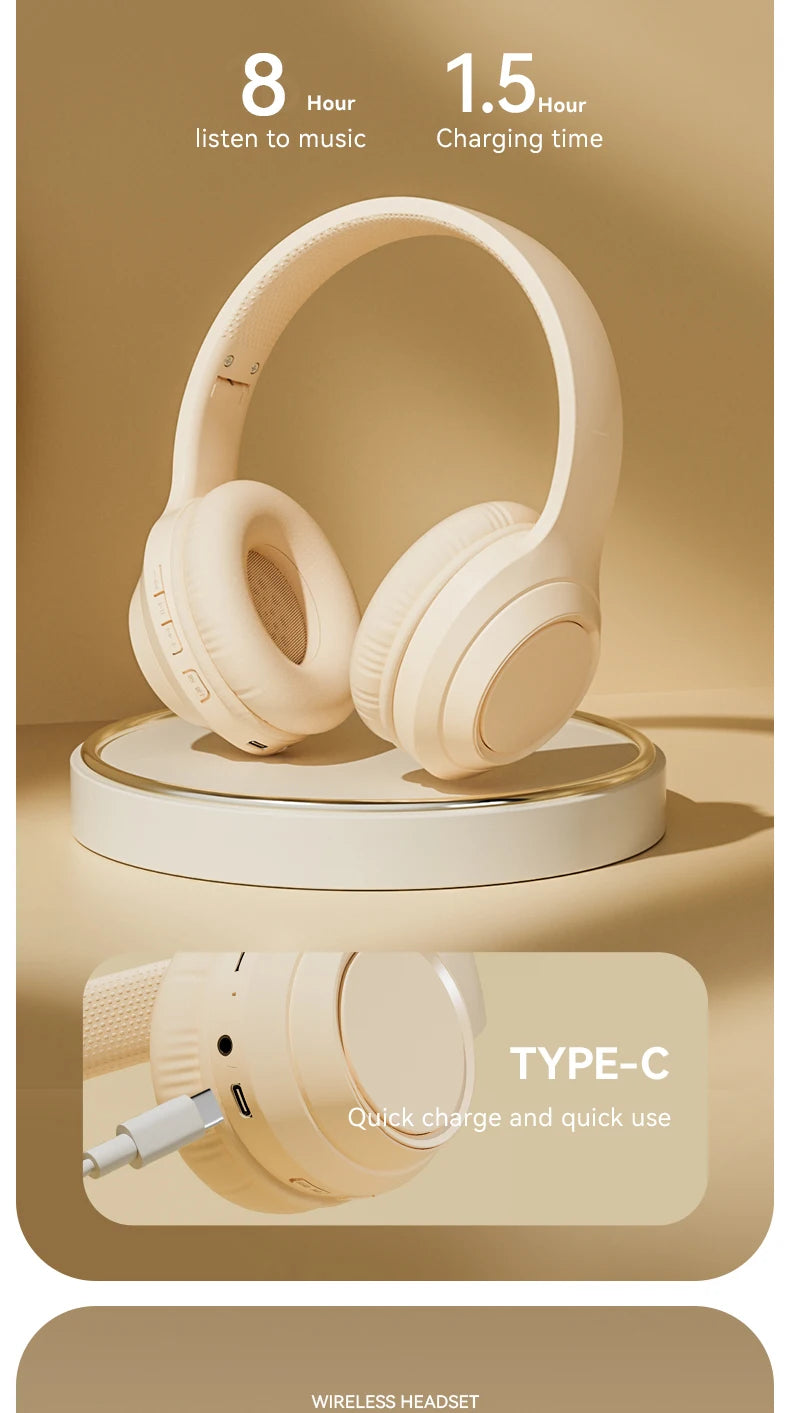 Over-ear wireless Bluetooth headphones with Type-C charging base, cream ear cups.