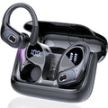 Black wireless earbuds resting in charging case with LED battery display
