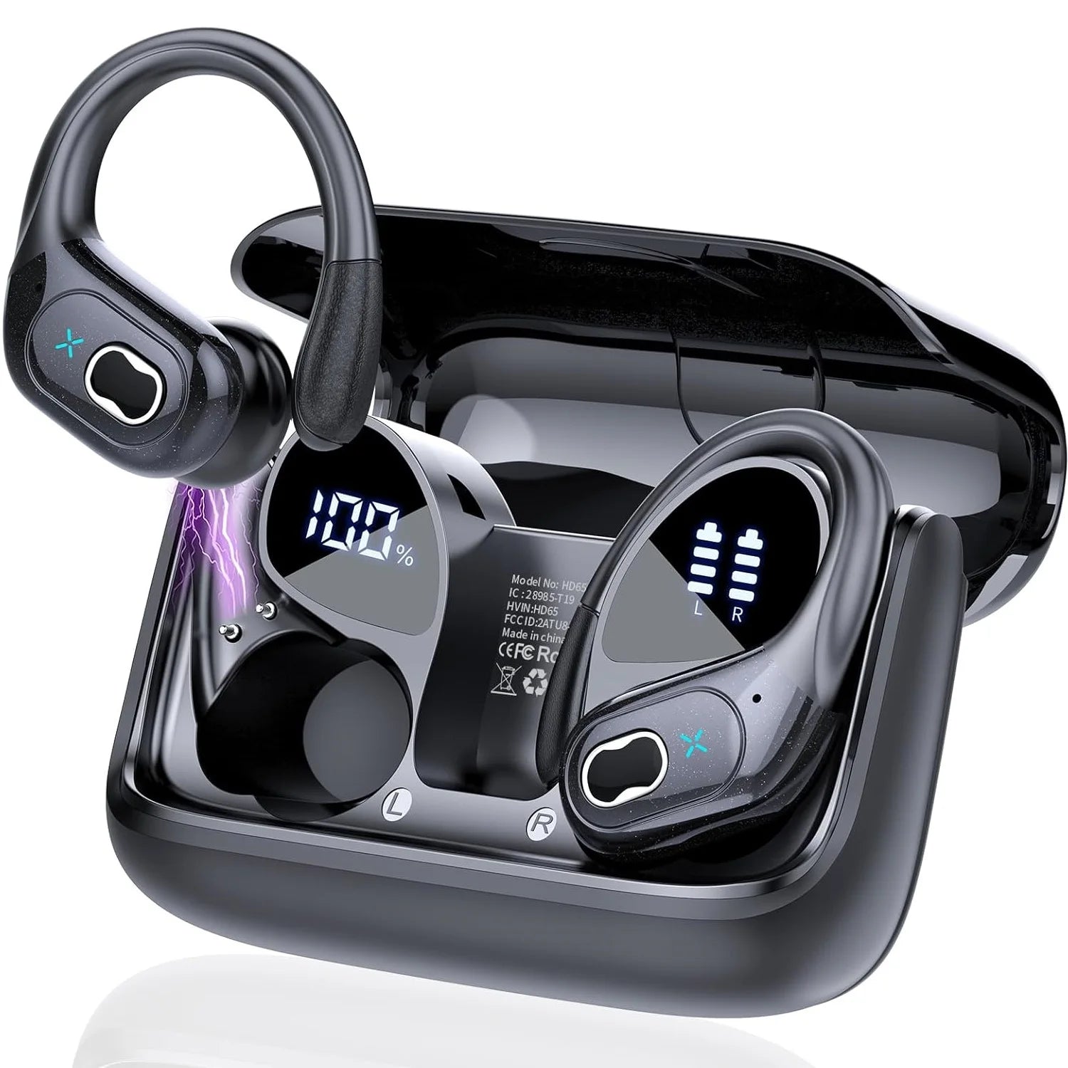 Black wireless earbuds resting in charging case with LED battery display