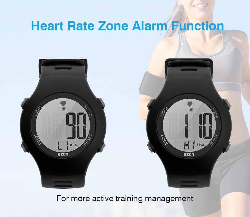 Sports heart rate monitor watch with black bands and Bluetooth chest strap sensor