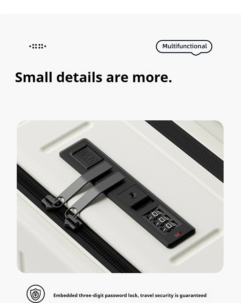 Suitcase with integrated three-digit combination lock and front accessory panel