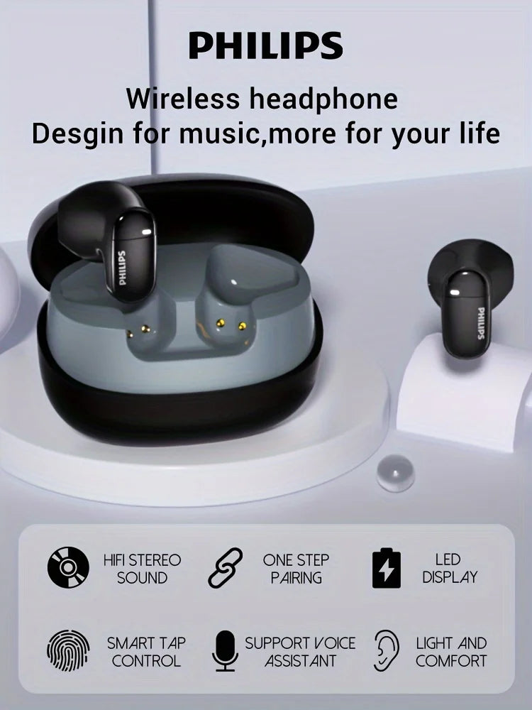 Black wireless earbuds and charging case with earbuds facing forward