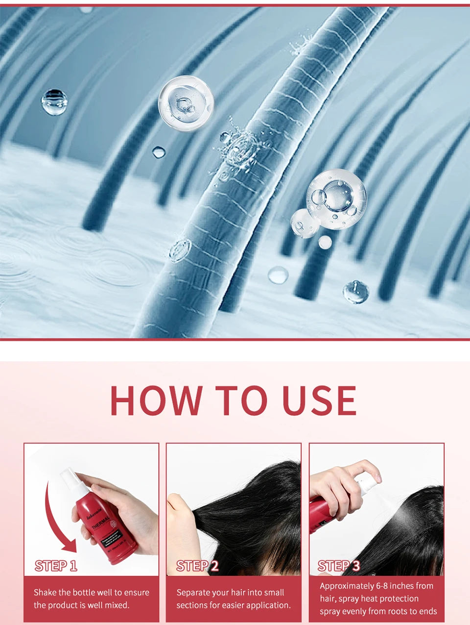 Lakerain heat protectant spray red 100ml bottle with how-to-use steps for hair treatment