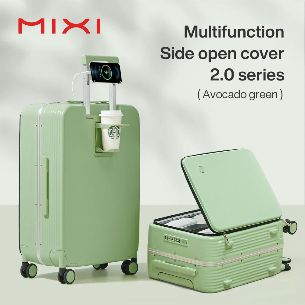 Avocado green carry-on suitcase with side opening cover and built-in accessory cup holder