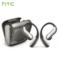 Black open-ear wireless headphones with charging case and LED ring