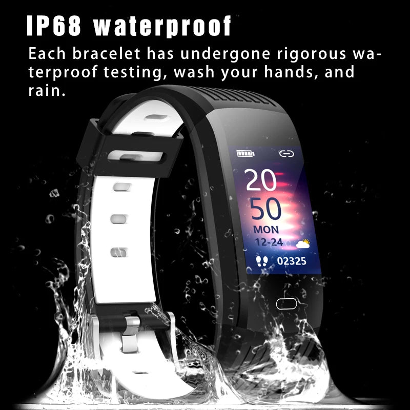 Sport smart watch with black case and white strap, shown with water splash effect