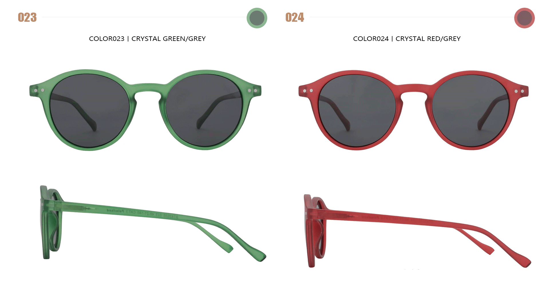 Retro polarized sunglasses, green frame with dark lenses and red frame with dark red lenses