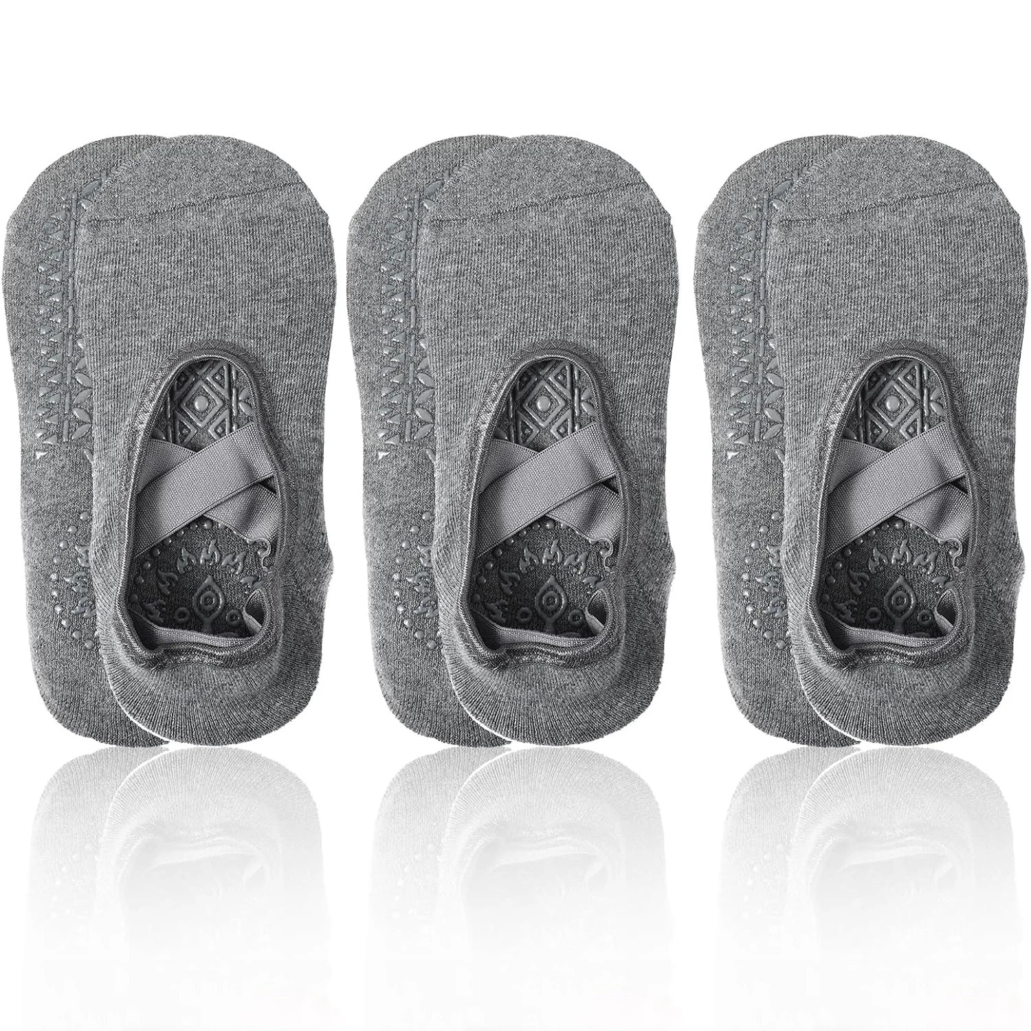 3-pack dark gray yoga toe socks with patterned sole grips and double strap support