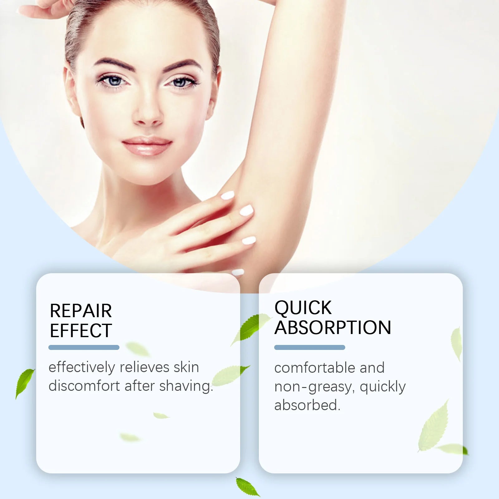 Underarm soothing roller skincare card with model posing and product headline