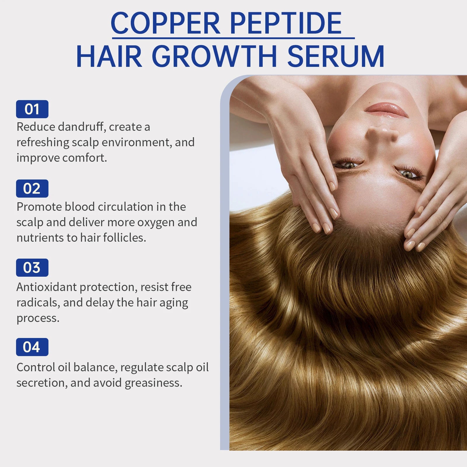 Copper peptide hair growth serum infographic with numbered scalp and hair benefits