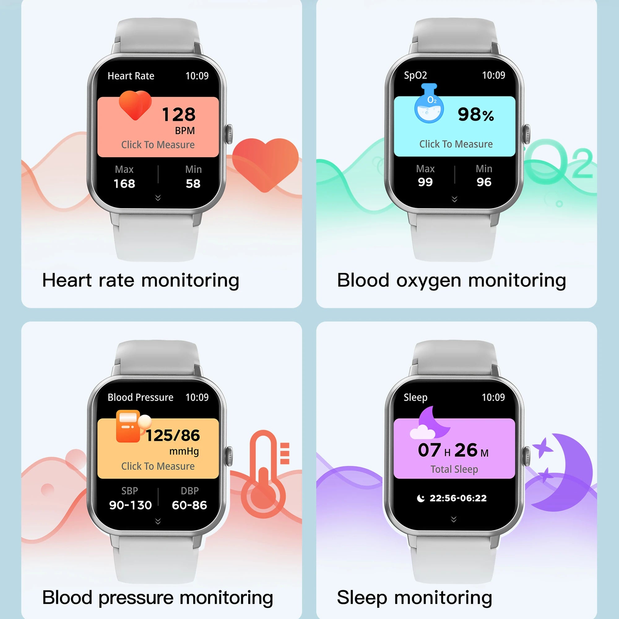 Set of smartwatches showing heart rate, blood oxygen, blood pressure, and sleep metrics