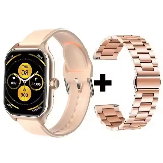 Cedar & Moore 2.01-inch Smart Watch with beige silicone band and extra rose-gold bracelet, Bluetooth call fitness tracker