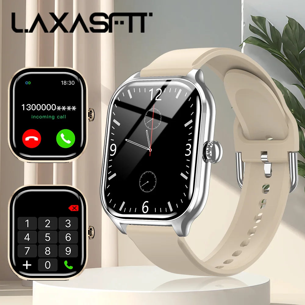 LAXASFIT H9 Pro Max smartwatch with beige strap and silver case, Bluetooth call and health monitoring; three-view image