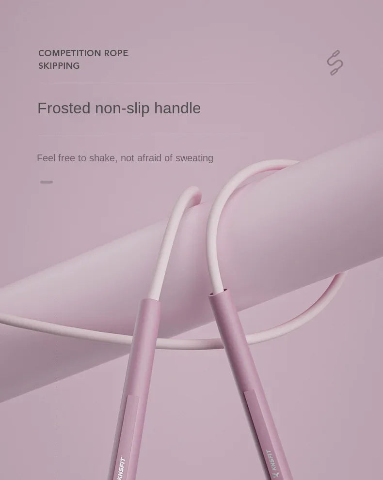 Frosted non-slip jump rope handles with light purple cord, close-up