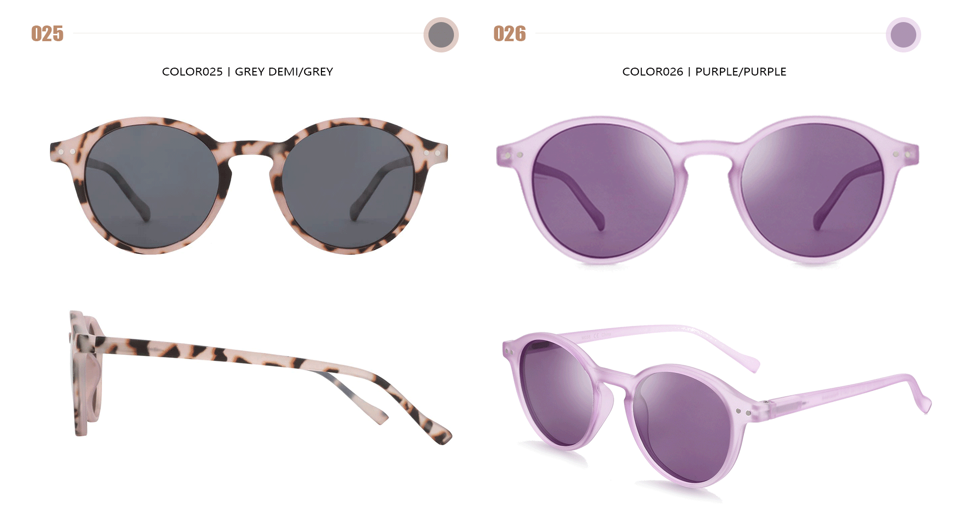 Retro polarized sunglasses, tortoise frame with dark lenses and lilac frame with purple lenses