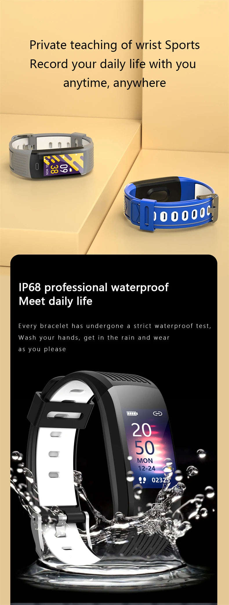 Silver and blue fitness smartwatch with splash-proof screen showing time