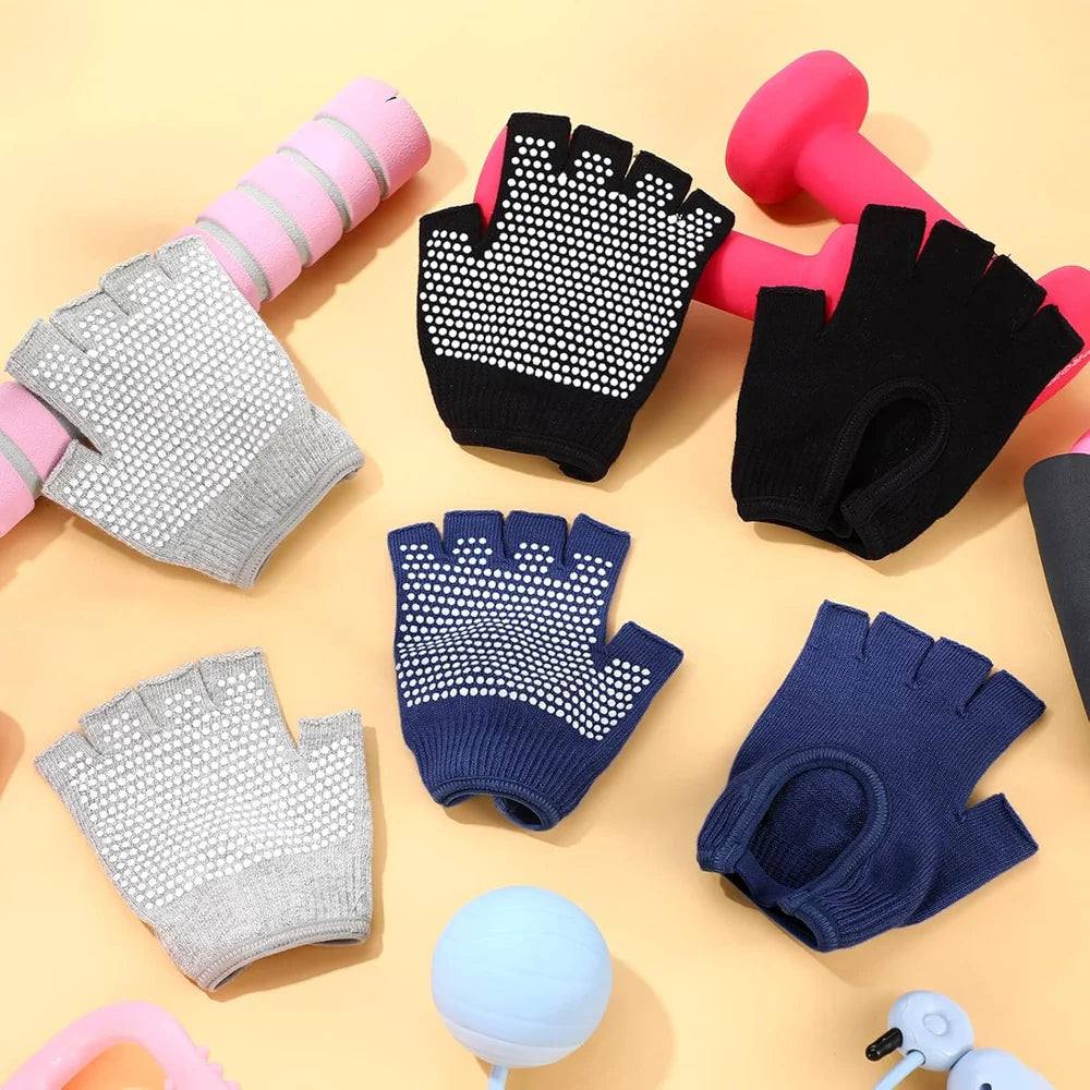Assorted half-finger anti-slip gloves in beige, gray, navy, black, and pink
