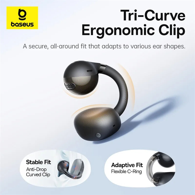 Black open-ear clip earbuds with curved ergonomic ear hooks and speaker mesh