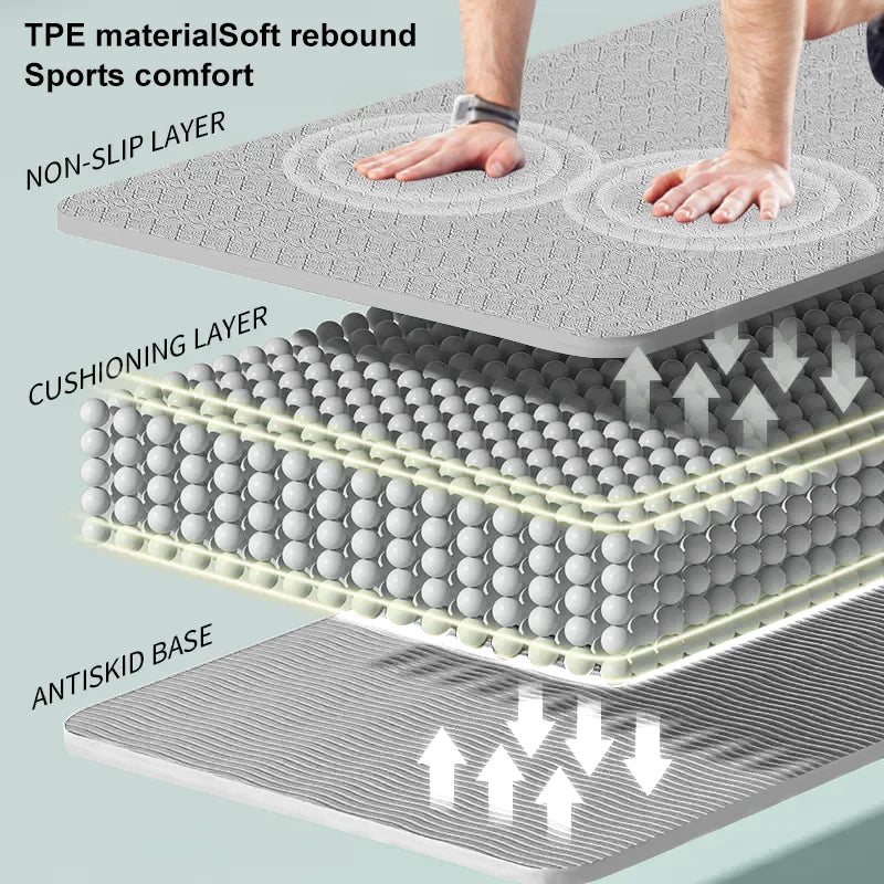 Gray non-slip yoga mat cross-section showing textured top and grippy base layers