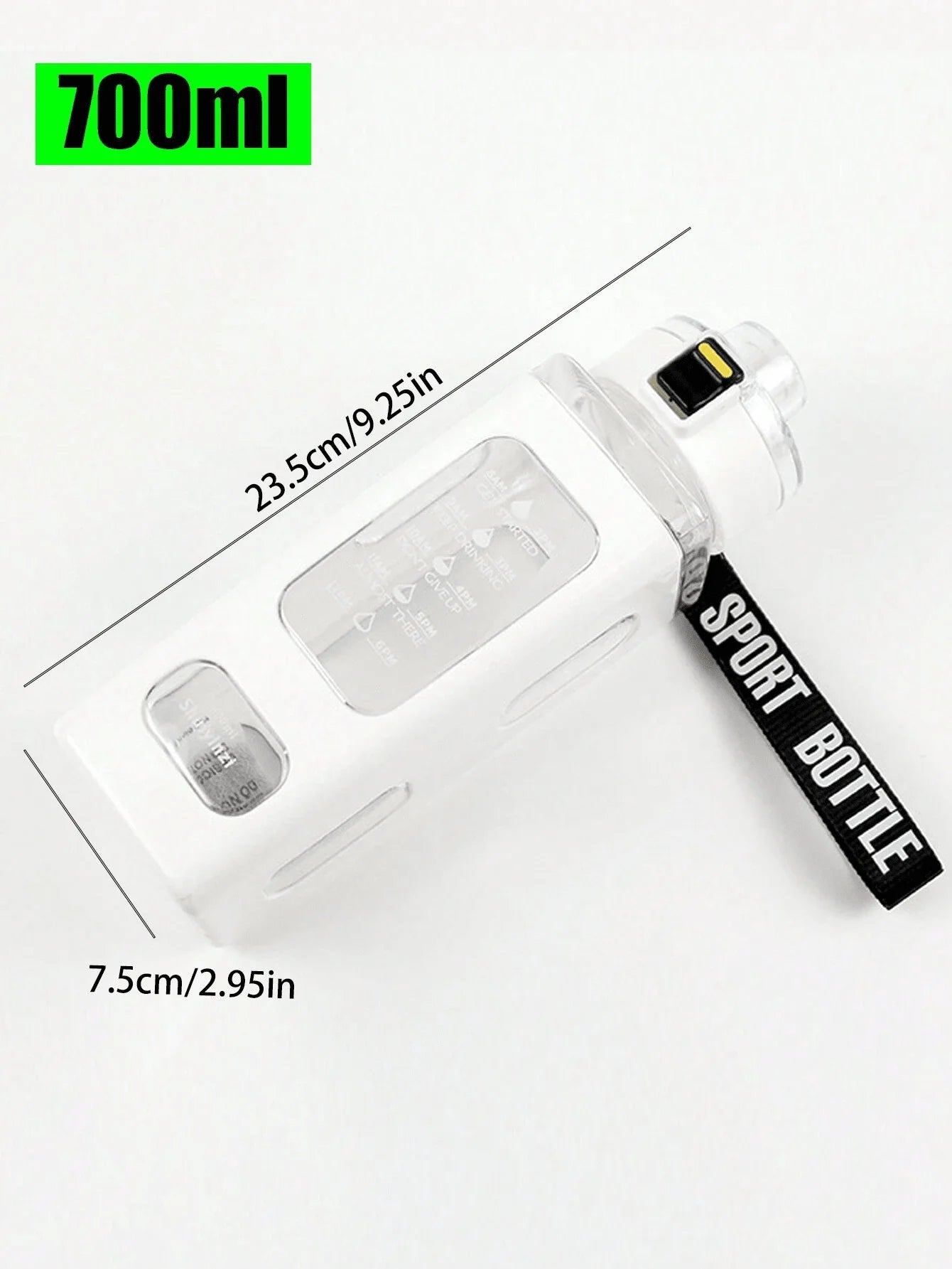700ml sports water bottle size shown: 23.5cm x 7.5cm, strap