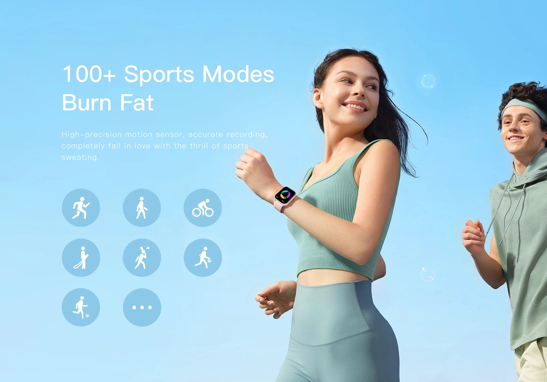 Smartwatch with green fitness band and rectangular screen with heart-rate style display