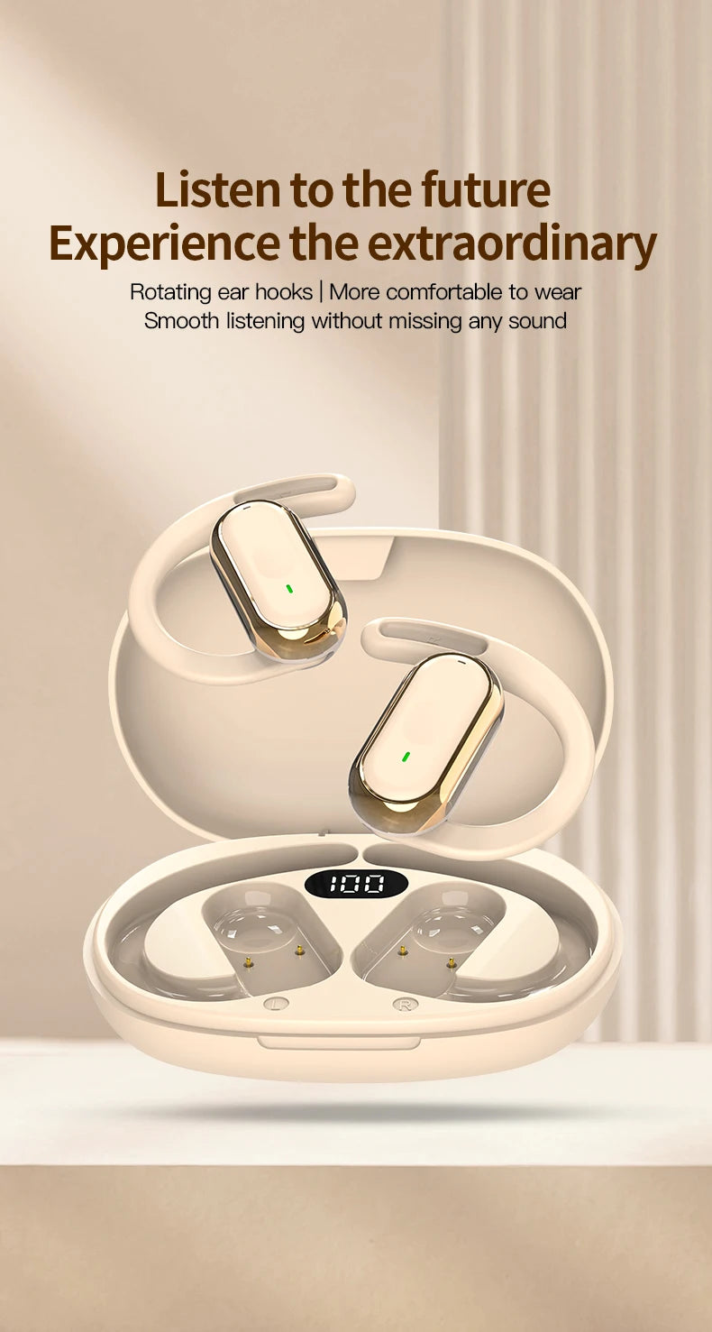 Cedar & Moore wireless in-ear earbuds with LED display in gold, in open charging case (2)