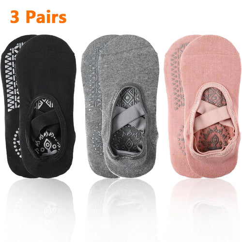 3-pack yoga toe socks set in black, dark gray, and pink with non-slip grip soles