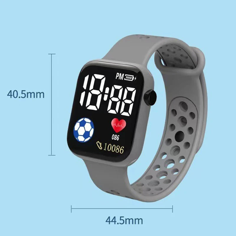 Kids LED digital watch with gray silicone strap and black square digital display