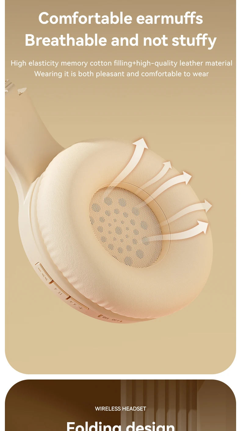 Over-ear wireless Bluetooth headphones showing breathable ear cushion and mesh pad, cream.