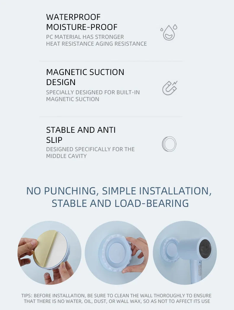 Hair dryer magnetic suction nozzle holder shown on a wall