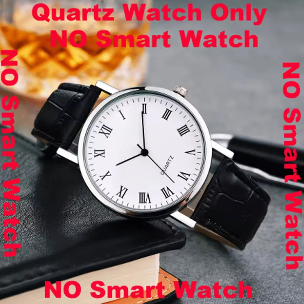 Round quartz watch with silver case and black leather strap, Roman numeral dial