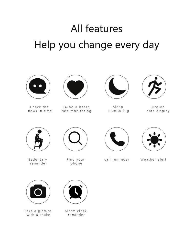 Fitness smartwatch feature icons for heart rate, sleep monitoring, motion, weather
