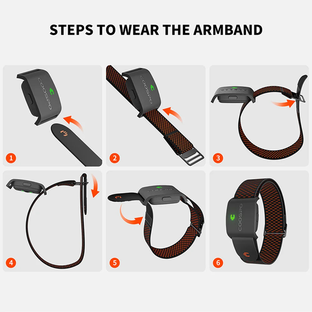 Armband heart rate monitor worn on upper arm, wrap strap with hook and sensor module
