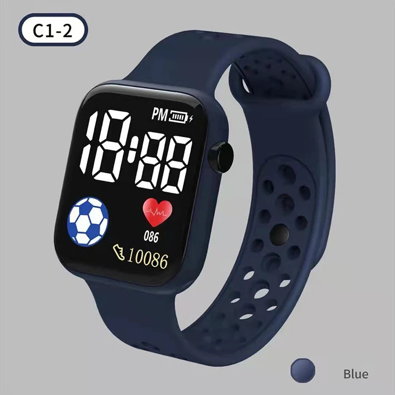 Kids LED digital watch with silicone strap, blue case and band, black display screen