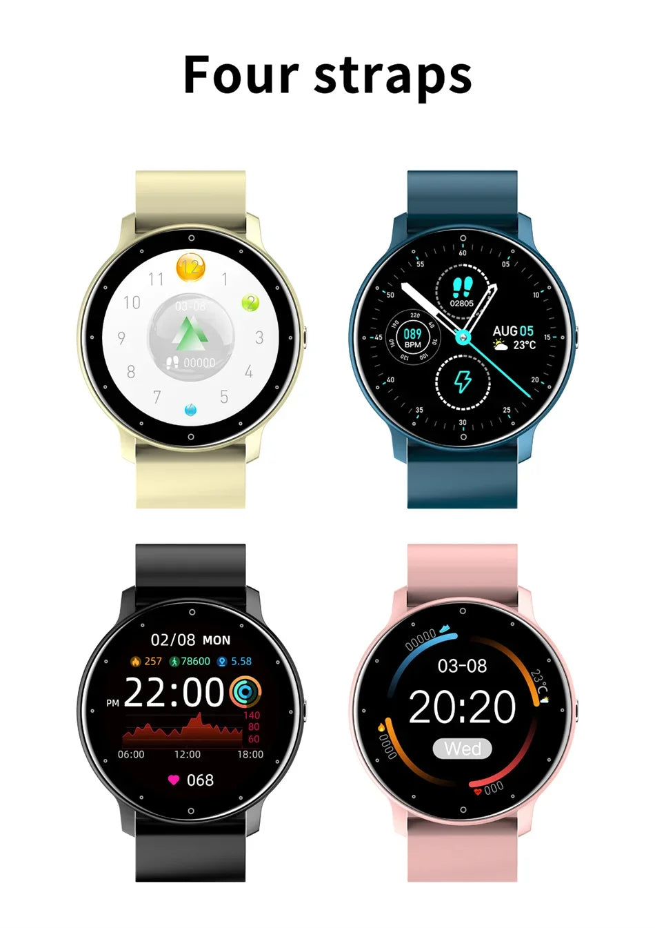 KaiAqua X27 fitness smartwatch lineup: four watches with 1.28-inch AMOLED displays and beige, blue, black, and pink straps