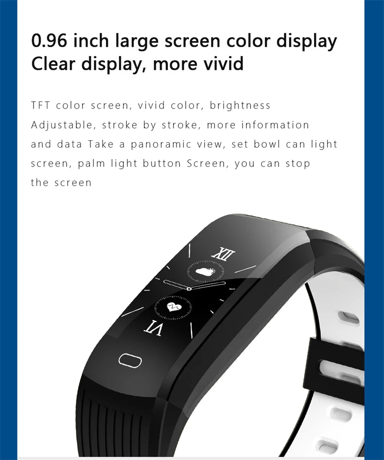Close-up of sport smart watch with black screen and curved 0.96-inch display