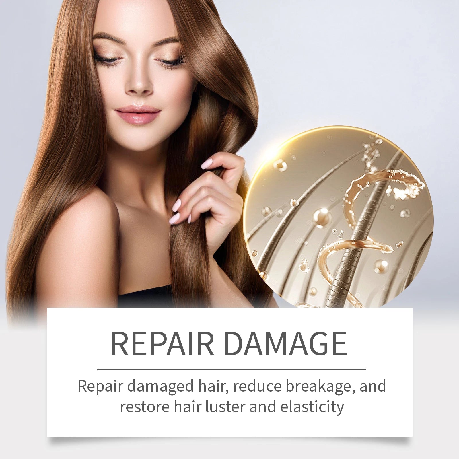 Hair serum promotional graphic with copper-toned dropper and serum bottle