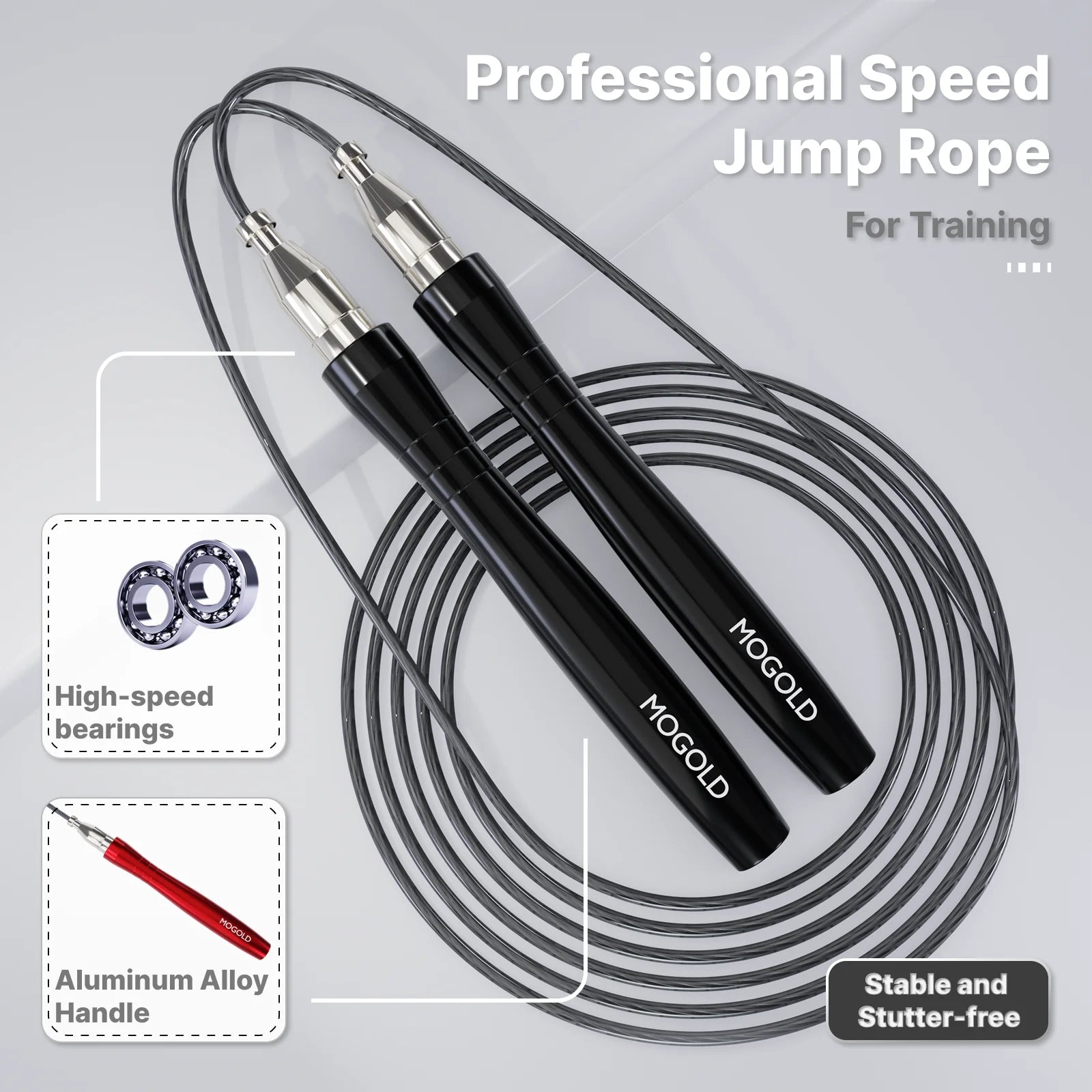 Adjustable speed jump rope with dual ball-bearing handles and coiled cable, black