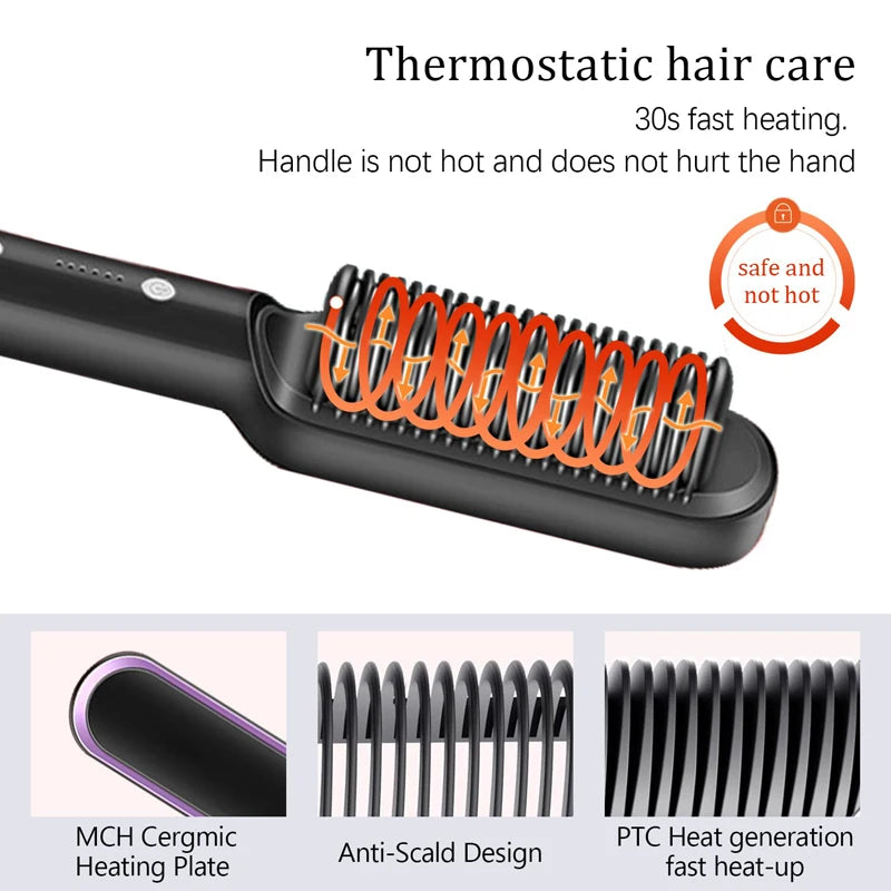 Black hot brush hair straightener comb with bristle heating row and purple accents