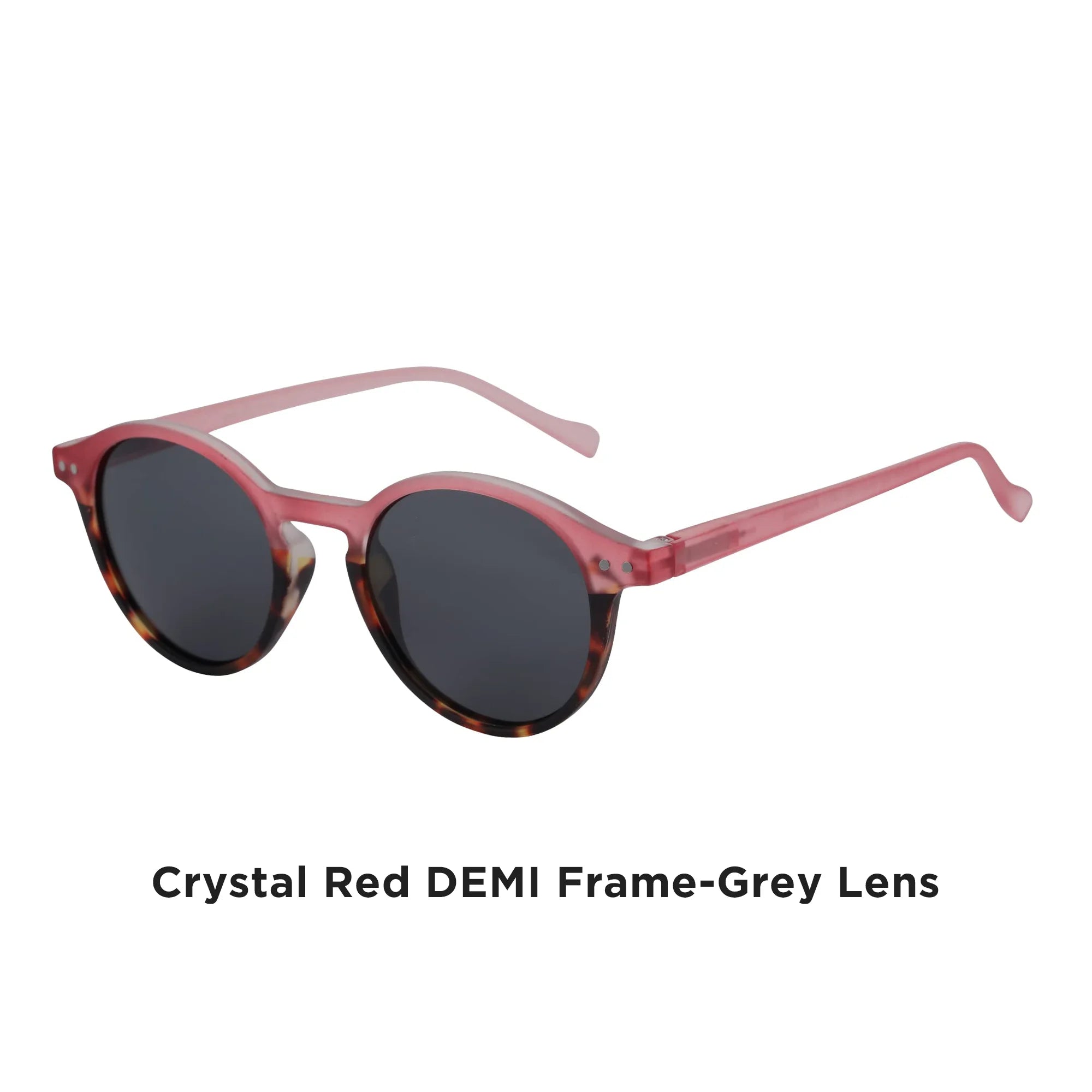 Small round retro polarized sunglasses, crystal red demi frame, grey lenses