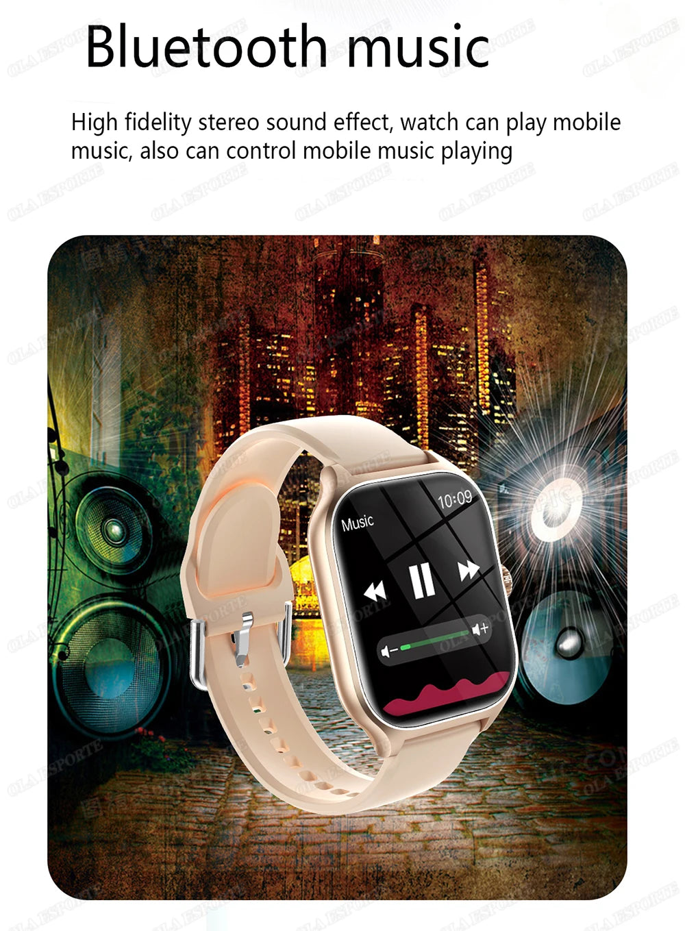 Smart watch Cedar & Moore with beige band and 2.01-inch display showing music controls