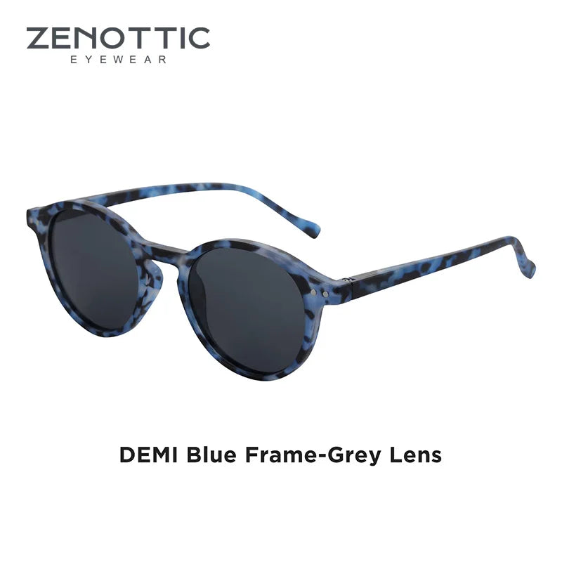 Small round retro polarized sunglasses, demi blue frame, grey lenses