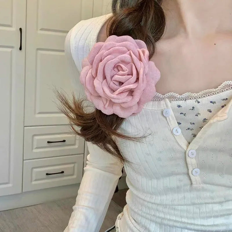 Light pink fabric rose hair claw clip barrette