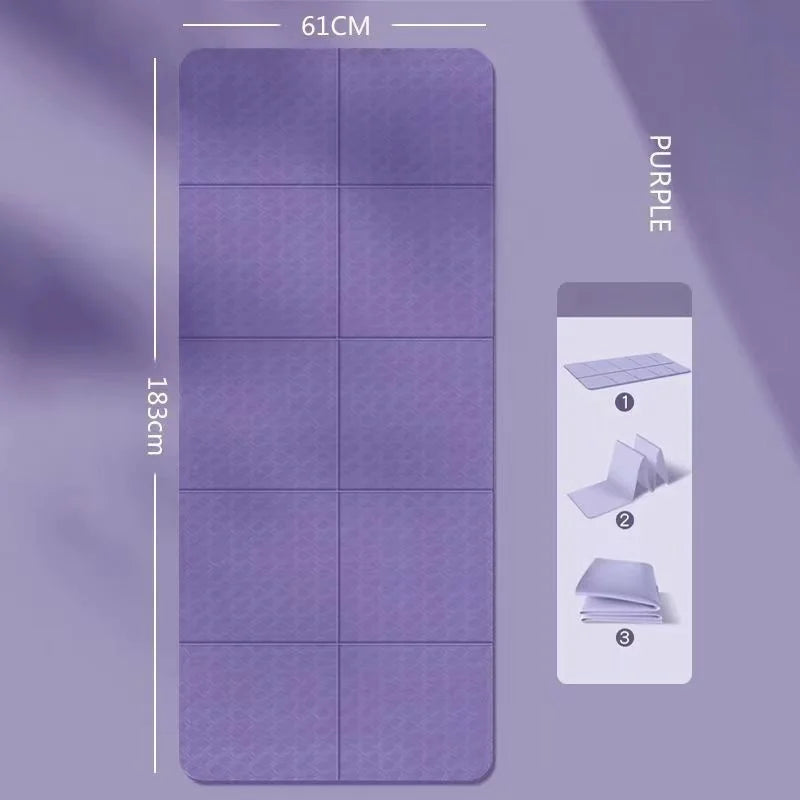 Foldable yoga mat in purple, folded with panel seams and textured grip