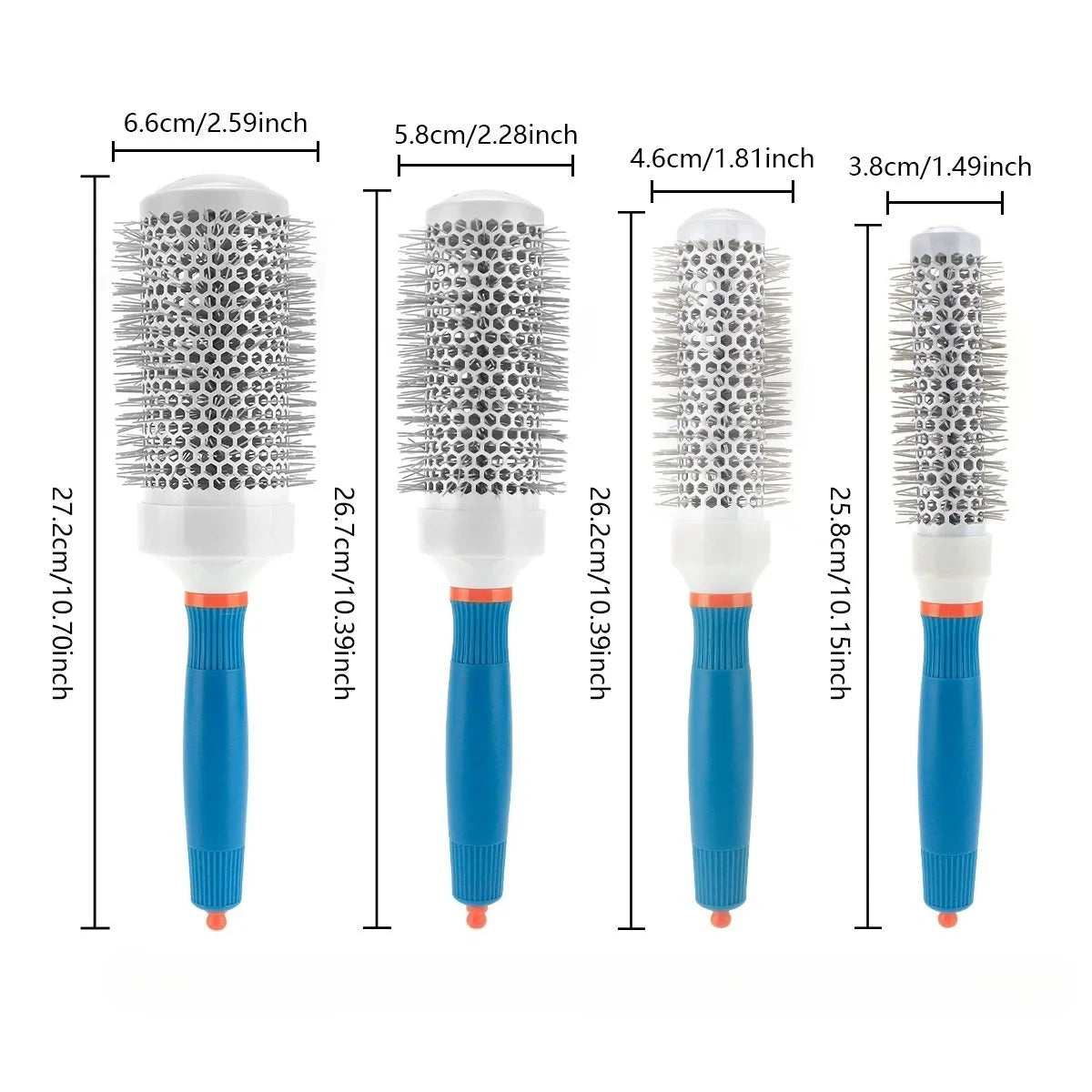 Four round barrel hair brushes with teal handles and silver spiked bristle heads