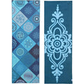 Yoga mat towels: teal diamond pattern and dark blue towel with ornate white mandala