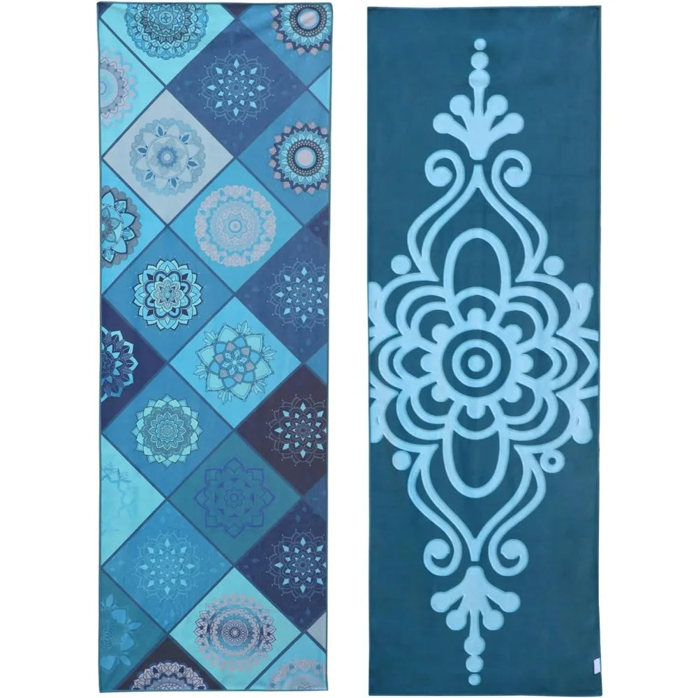 Yoga mat towels: teal diamond pattern and dark blue towel with ornate white mandala