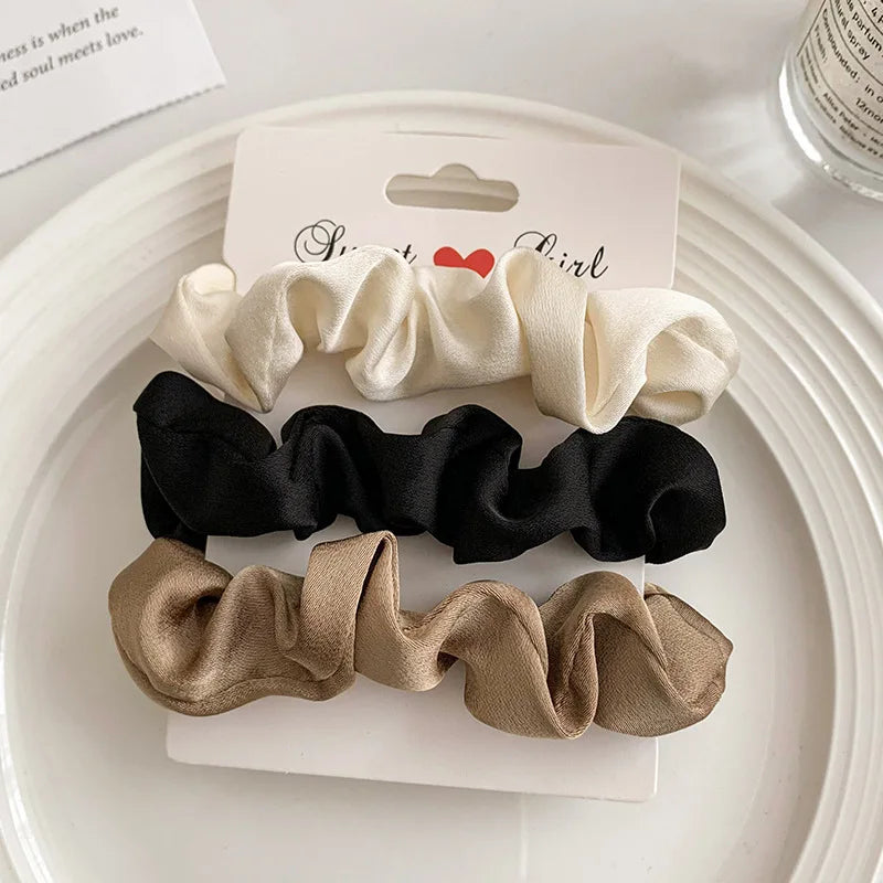 Multi Pack Elegant Satin Pleated Scrunchies - Solid Color Hair Ties for Women